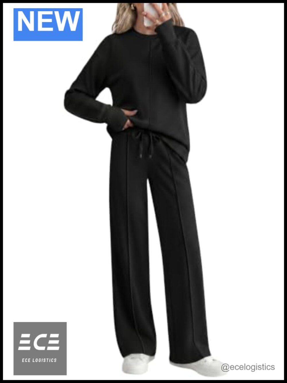 Women's 2 Piece Lounge Set Long Sleeve Wide Leg Pant Set with Pockets